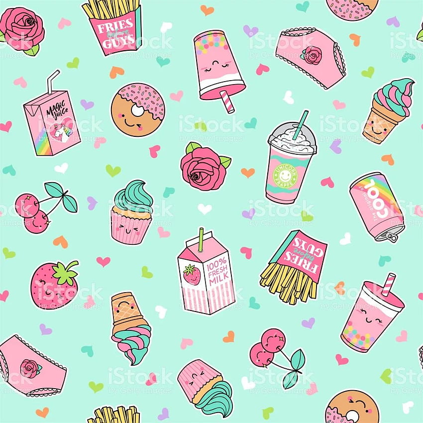 Cute Pastel Foods Patches Seamless Pattern avec des arrière-plans de coeur, dessert kawii Fond d'écran de téléphone HD