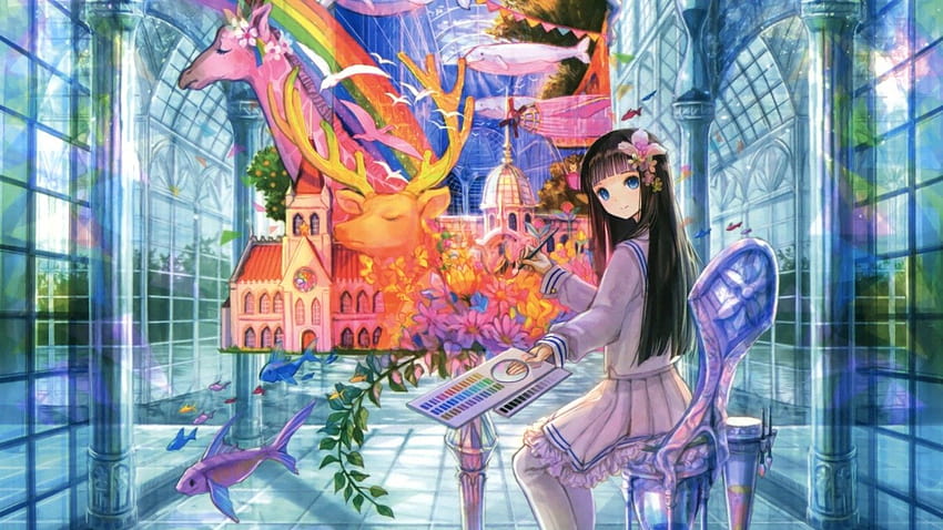 1366x768 Anime Girl, Painting, Sitting, Building, Abstract, Rainbow, Castle, Deer, Birds for Laptop,Notebook HD wallpaper