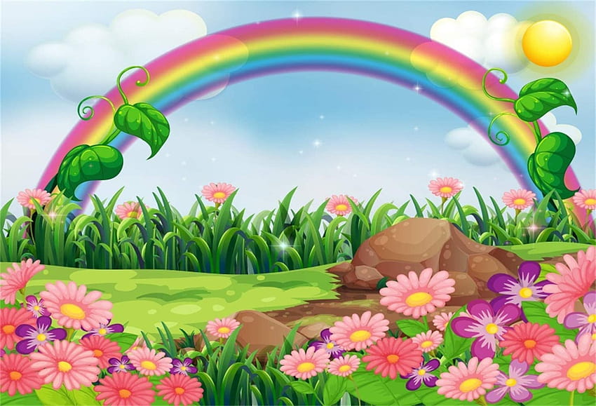 Amazon : Laeacco Vinyl graphy Backgrounds 7x5ft Cartoon Garden Rainbow Flowers Sun Clouds Ilustração Grassland Ilustração Birtay Party Backdrop Criança Crianças Bebê Retrato Sessão Infantil : Eletrônica, desenho animado jardim papel de parede HD