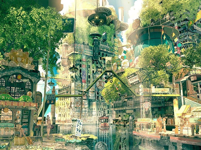 дигитално изкуство Япония фентъзи изкуство град улица дървета имперско момче, японско изкуство HD тапет