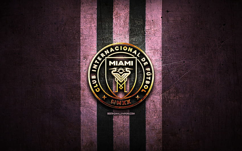 Inter Miami FC, złote logo, MLS, fioletowy metal Tapeta HD