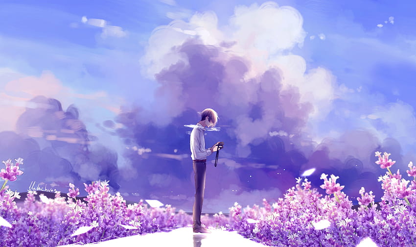 Animeguy Animemanga Clouds Digital Flowers Illustration Lavender, anime clouds HD wallpaper