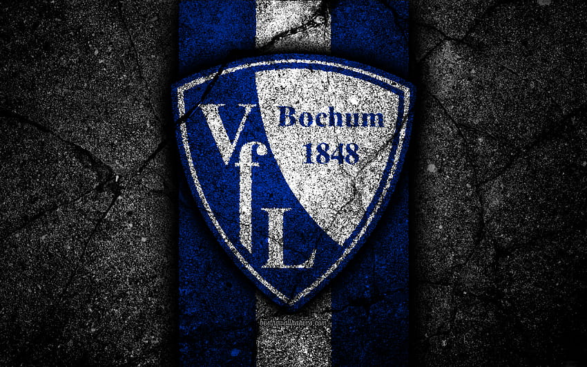 Bochum FC, grunge, logo, Bundesliga 2, creativo, equipo de fútbol alemán, piedra negra, VfL Bochum, emblema, textura de asfalto, Alemania, FC Bochum con una resolución de 3840x2400. Alta calidad fondo de pantalla