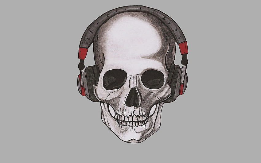 頭蓋骨 ヘッドフォン 絵画 アート 灰色の背景 2560x1600、ヘッドフォン付きの頭蓋骨 高画質の壁紙