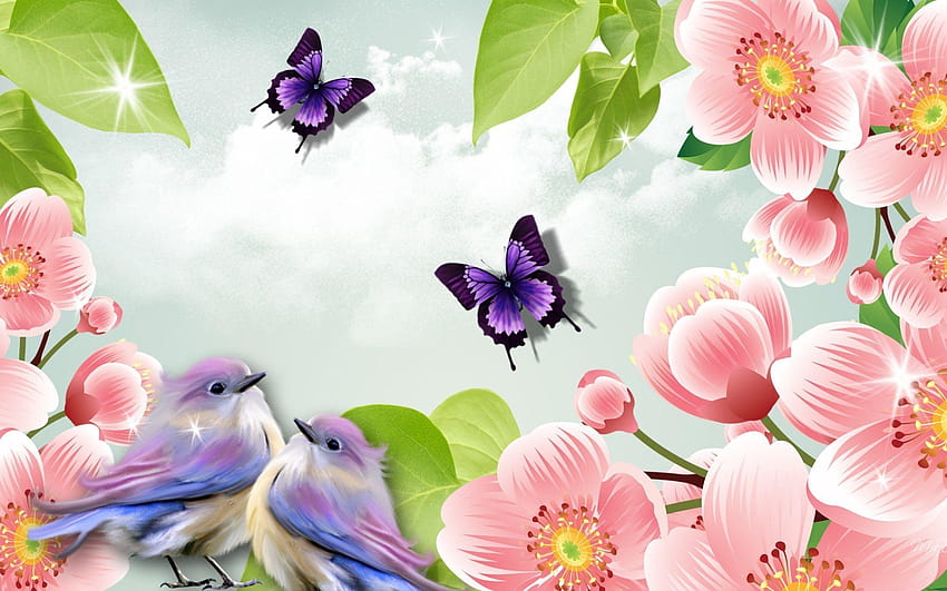Birds and Flowers, bird blossom butterfly HD wallpaper