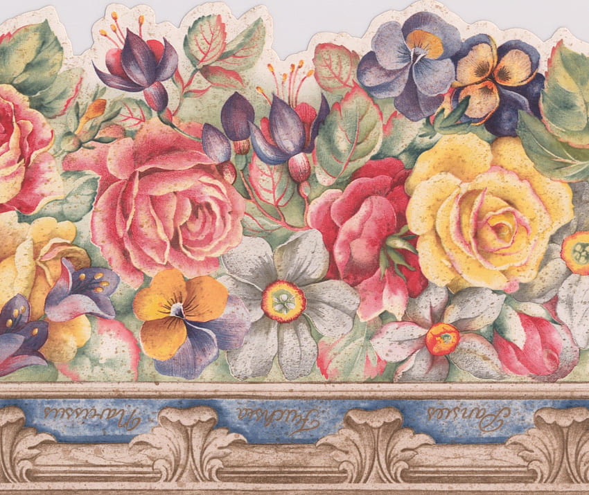 Red Pink Yellow Roses Flowers Vintage Floral Border Retro Design, Roll 15' x 6.7'', red and yellow roses flowers HD wallpaper
