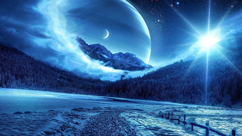 1920x1080 winter, night, mountains, road, planet, fantastic landscape, winter anime sky HD wallpaper