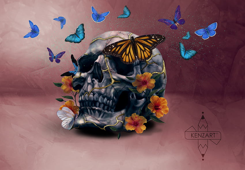 ArtStation, skull butterflies HD wallpaper