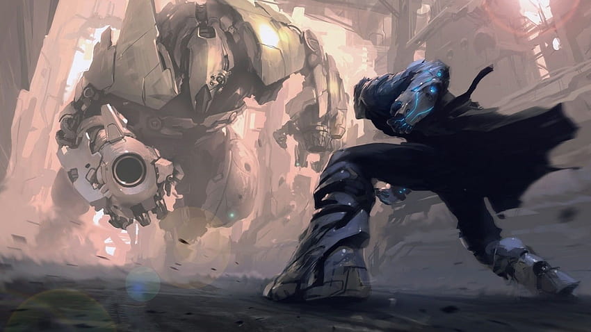 Man fighting robot 3D , artwork, science fiction, anime fighting HD wallpaper