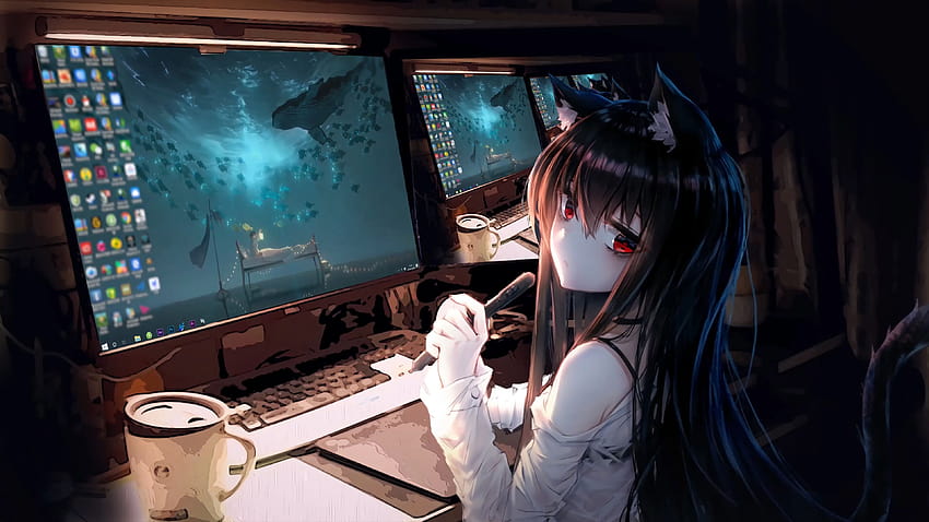 Chica y computadora 少女とコンピューター [ Engine Anime], girl pc fondo de pantalla