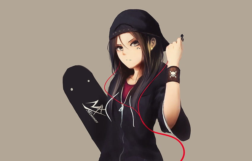 Linda garota de anime cabelo preto bonito, capuz de cabelo comprido anime escuro papel de parede HD