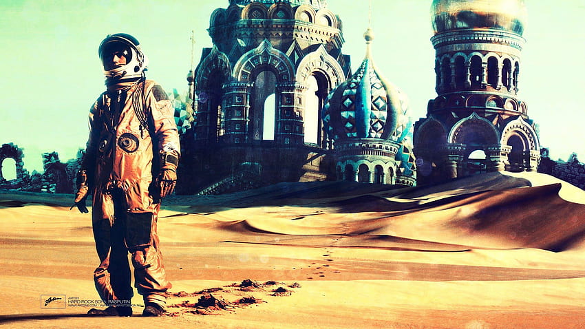 Cosmonaut in an abandoned church in the desert and HD wallpaper