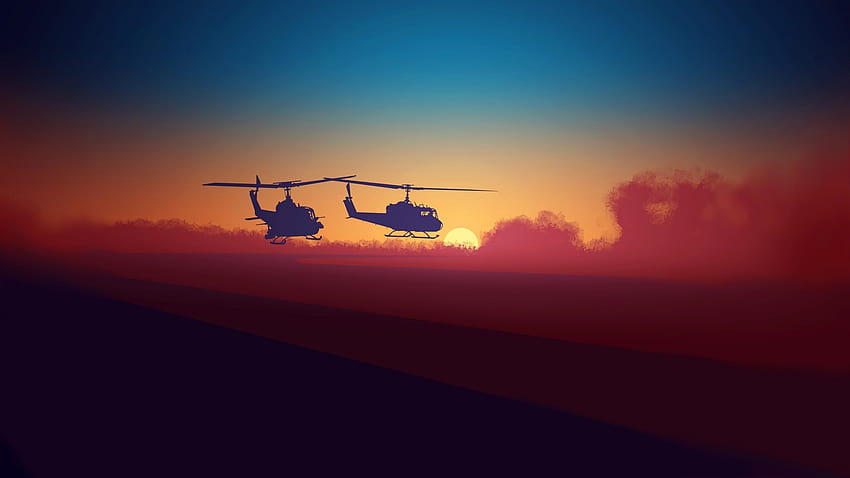 : colorful, sunset, sand, sky, artwork, airplane, aircraft, sunrise, helicopters, 1, Huey Helicopter, Flight, dawn, aviation, 1920x1080 px, UH, computer , atmosphere of earth, air travel, helicopter rotor, rotorcraft 1920x1080 HD wallpaper