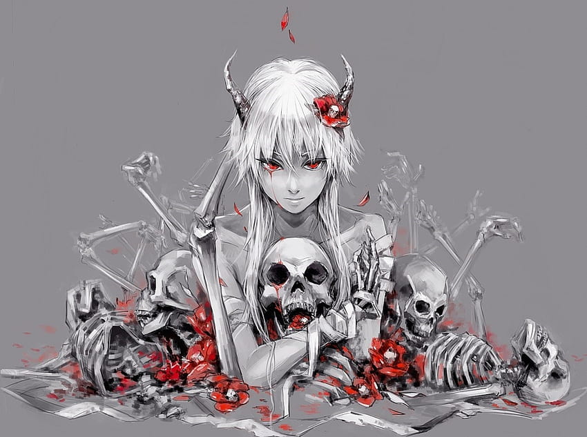 : drawing, illustration, anime girls, selective coloring, horns, blood, skull, Mirai Nikki, Gasai Yuno, skeleton, machine, sketch 1236x920 HD wallpaper