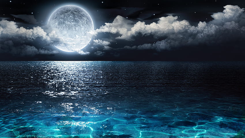 満月、青い海、雲、夜、美しい自然の風景 5120x2880 U、夜の海 高画質の壁紙