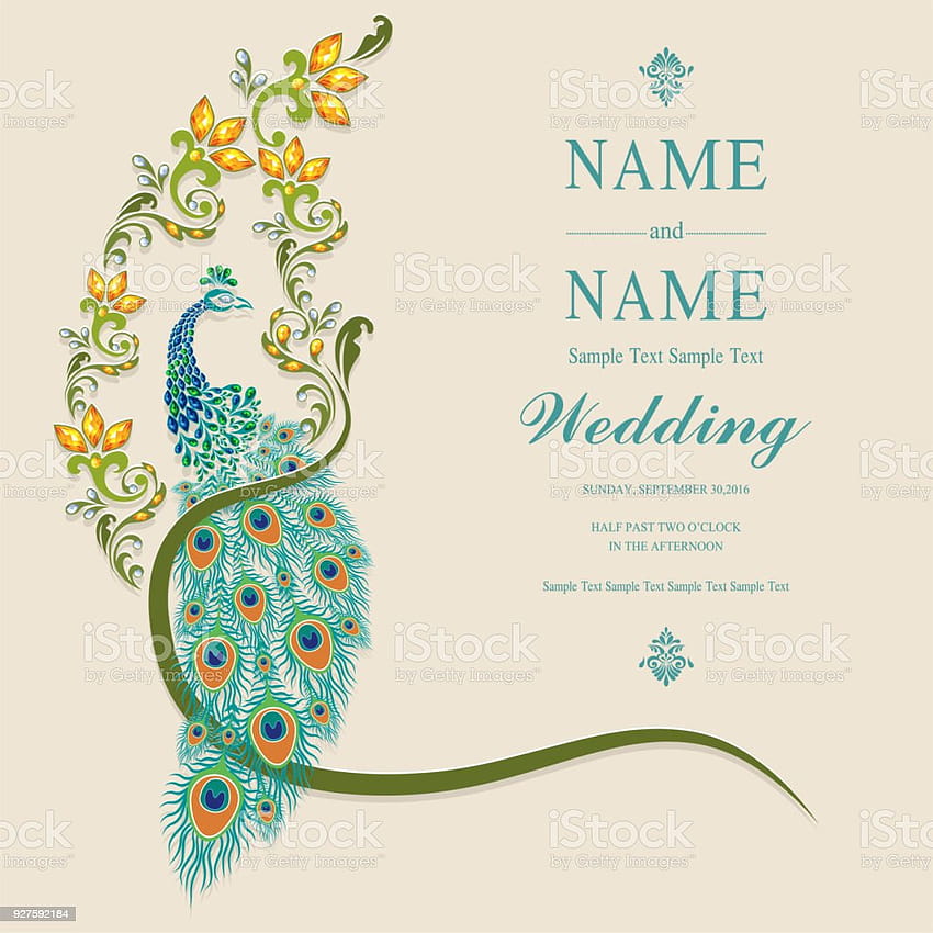 Templat Kartu Undangan Pernikahan Dengan Bulu Merak Emas Bermotif Dan Kristal Pada Latar Belakang Warna Kertas Ilustrasi Stok wallpaper ponsel HD