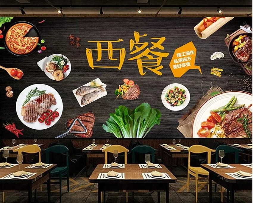 Beibehang Benutzerdefinierte schwarze handgezeichnete westliche Speisen, Steak, köstliches Barbecue, Restauranthintergründe, 3D-Wand HD-Hintergrundbild