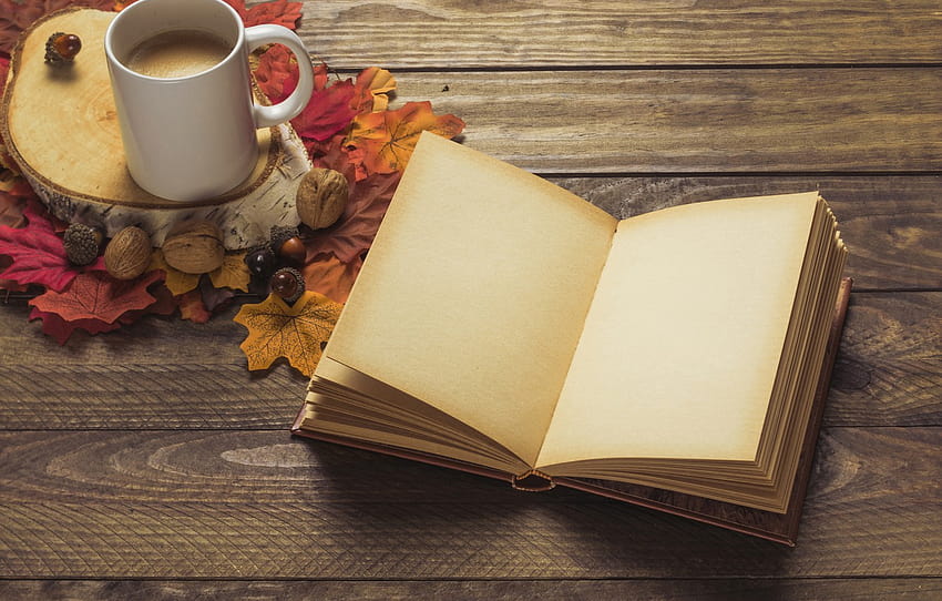 autumn, leaves, background, tree, coffee, colorful, scarf, Cup, book, Board, wood, background, autumn, leaves, cup, book , section настроения, coffee autumn book HD wallpaper