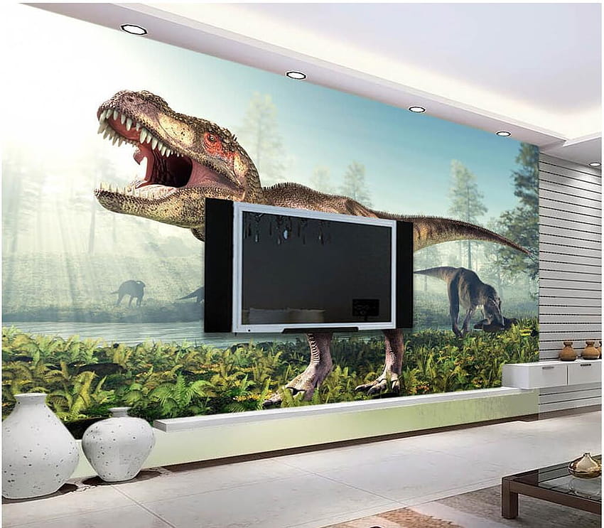 Murais de parede Dinosaur 3D Jumping Out Of Hole In Wall em