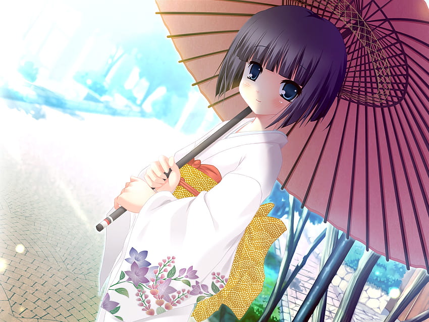 Aizawa Tobari, schwarze Haare, blaue Augen, Rouge, helles Kind, japanische Kleidung, Kimono, Loli, Nimura Yuushi, Regenschirm mit kurzen Haaren, Anime-Pakai-Kimono HD-Hintergrundbild