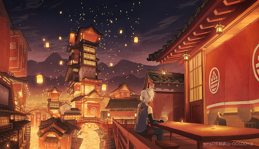 Boy Lanterns Anime Festival Traditional Buildings [1900x1096] for your ...