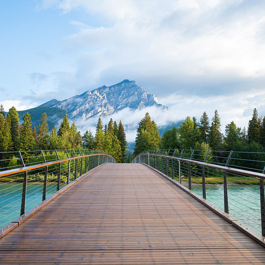 Ahşap köprü, Banff Ulusal Parkı, Yeşil Ağaçlar, Dağ Zirvesi, Doğa, gölde köprü HD telefon duvar kağıdı