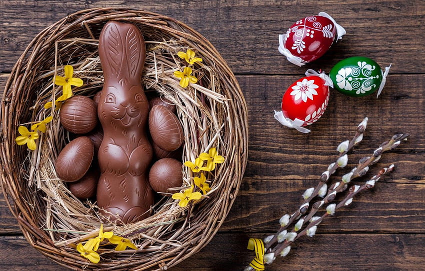 шоколад, яйца, цветен, заек, бонбони, Великден, дърво, Верба, шоколад, пролет, Великден, яйца, зайче, бонбони, украса, Честит , раздел празници, шоколадова великденска кошница HD тапет