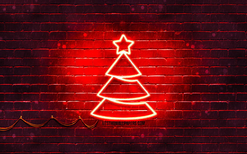 Red neon Christmas Tree, red brickwall, Happy New Years Concept, Red Christmas Tree, Xmas Trees, Christmas Trees with resolution 3840x2400. High Quality, xmas neon HD wallpaper
