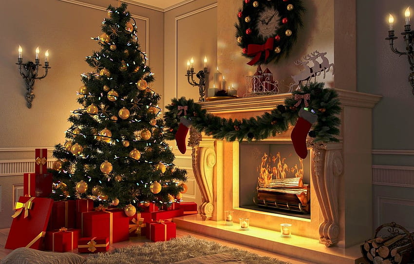 Christmas Fireplace on Dog, christmas tree fire place HD wallpaper