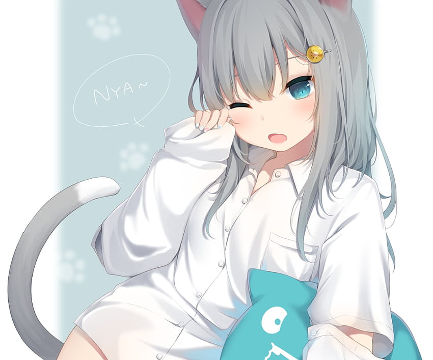 amashiro natsuki zwierzęce uszy aqua oczy catgirl przycięte siwe włosy długie włosy nacho neko oryginalna piżama koszula ogon wink, nachoneko Tapeta HD