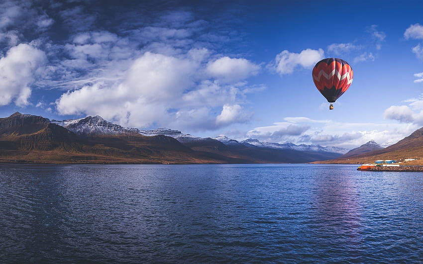 Hot air balloon, sky, mountains, fjord, sea, Iceland 3840x2160 U , hot air balloon autumn HD wallpaper