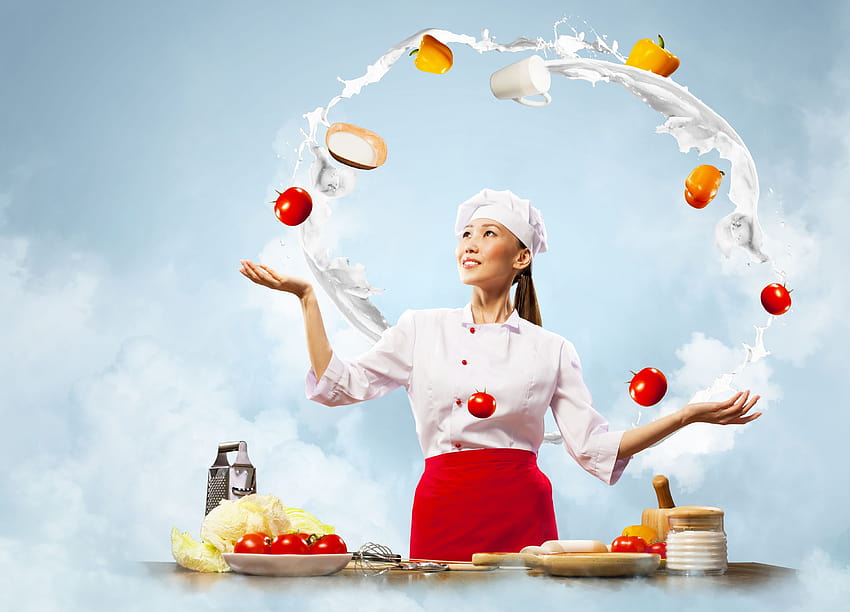 Girl Woman Chef Kitchen Vegetables Tomatoes Peppers Eggs Milk ..., cooking women HD wallpaper