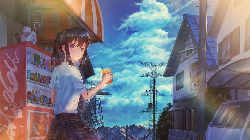1366x768 Gadis Sekolah Anime Dengan Minuman Musim Panas Resolusi 1366x768, anime musim panas Wallpaper HD