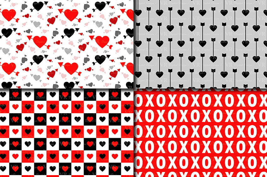 하트와 화살표가 포함된 빨간색과 검은색 발렌타인 디지털 페이퍼 팩 / VR 디지털 디자인의 발렌타인 배경 그래픽 · Creative Fabrica HD 월페이퍼