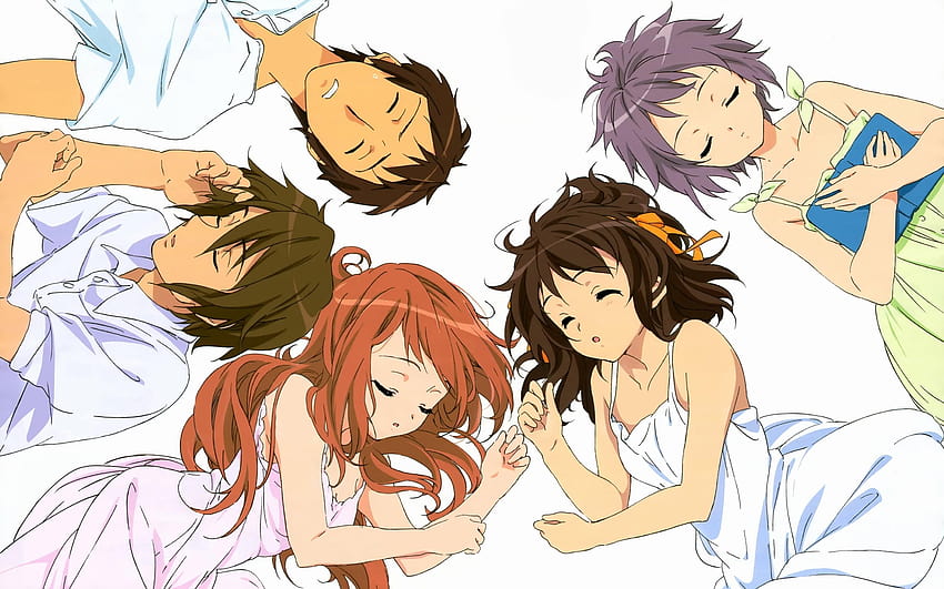 Grupo de tres chicas y dos chicos personajes animados, grupo chicas y chicos anime fondo de pantalla