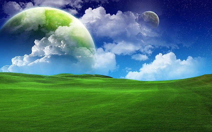 Green Field Planets Clouds Sky HD wallpaper
