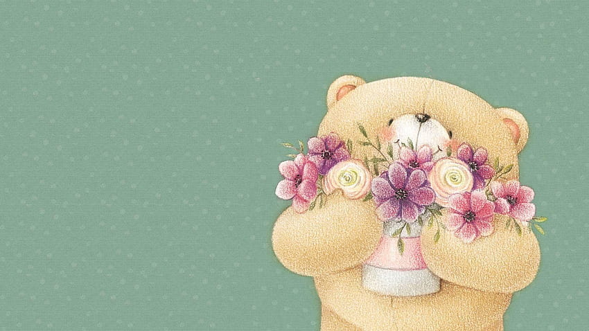 : flowers, Toy, pink, ART, hand, petal, teddy bear, flower, friends forever HD wallpaper