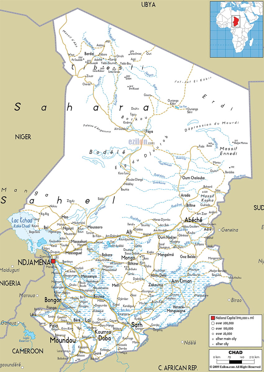 Detaillierte klare große Straßenkarte von Tschad, Tschad-Land HD-Handy-Hintergrundbild