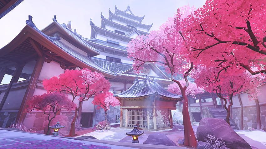 tempio pagoda bianco e grigio digitale Hanamura, fiore di ciliegio anime Sfondo HD