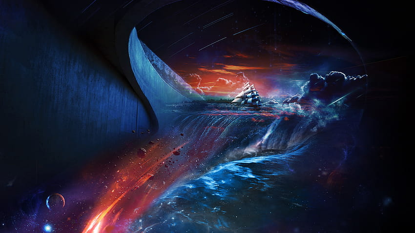 Fantasy-Kunst, Schiff, Wasserfall, Weltraum, Blau, Rot / und mobile Hintergründe, rote Fantasie HD-Hintergrundbild