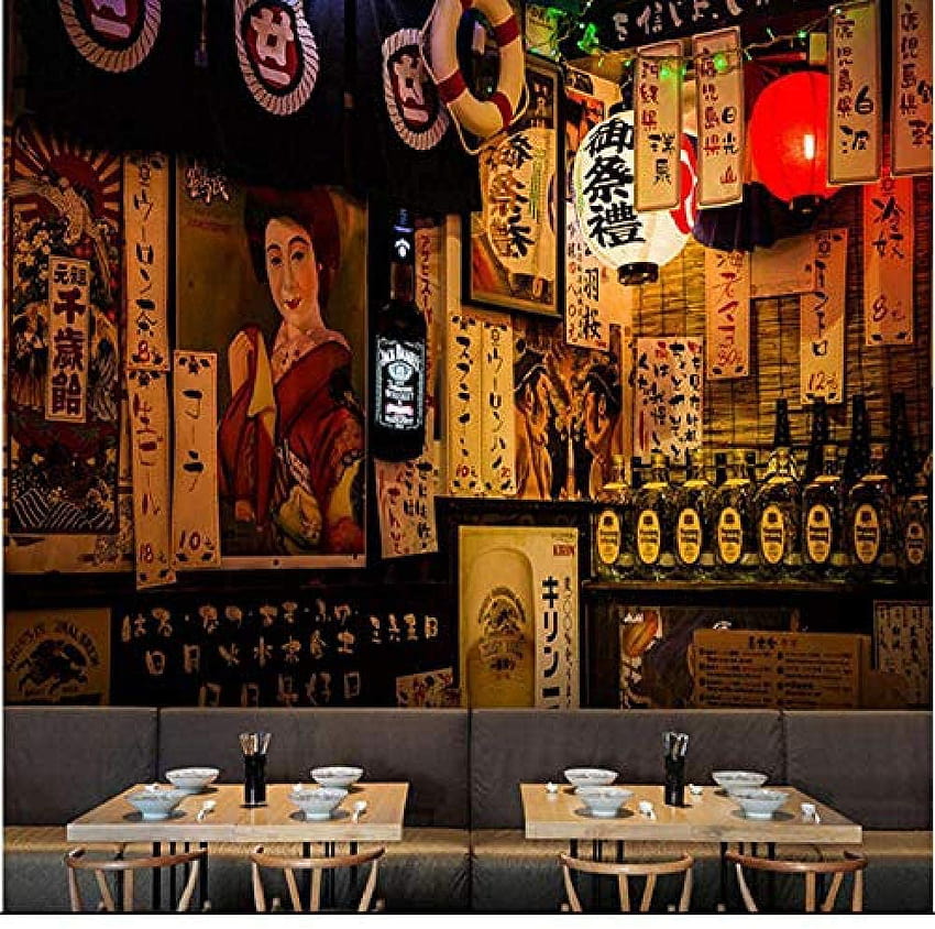 Jbekjg Giapponese Retro Street Izakaya Vista Notturna 3D per Cucina Sushi Ramen Ristorante Industriale Murale Carta Da Parati 3D Sfondo HD