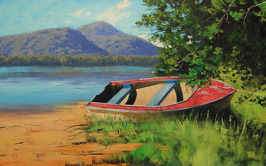 1920x1200 Wood River Shore Boat Patonga PC and Mac, wooden boat in river HD wallpaper