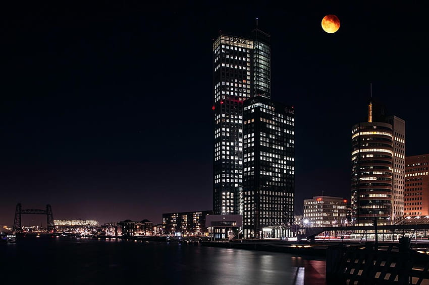 Rotterdam Netherlands Moon Night Skyscrapers Cities, skyscrapers at night HD wallpaper