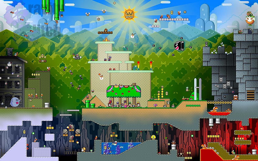 Super Mario Videogames Arte digital Nintendo Colagem Arte Retro Games Video Game Art papel de parede HD