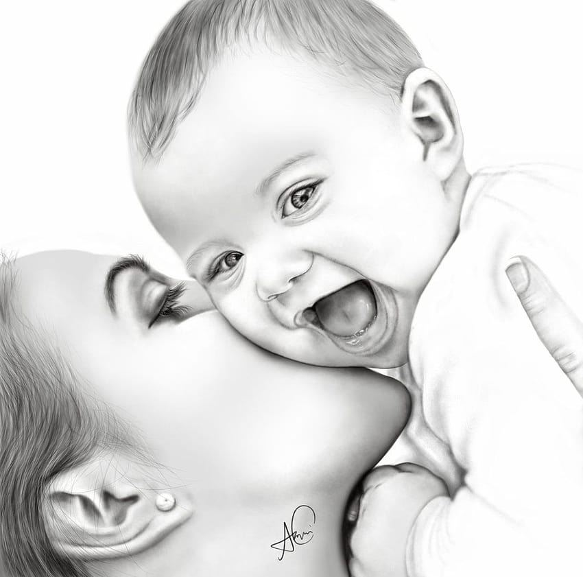 Mother Child Drawing by Amit Bhar | ArtZolo.com