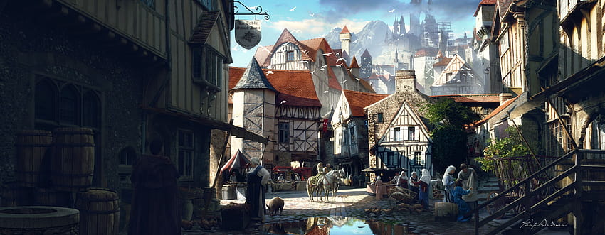 Mittelalterliche Stadt, mittelalterliches Dorf HD-Hintergrundbild