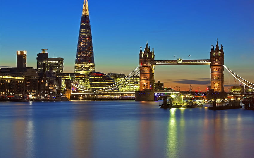 London, Night, Thames, England, Tower Bridge, skyscraper, The Shard ...