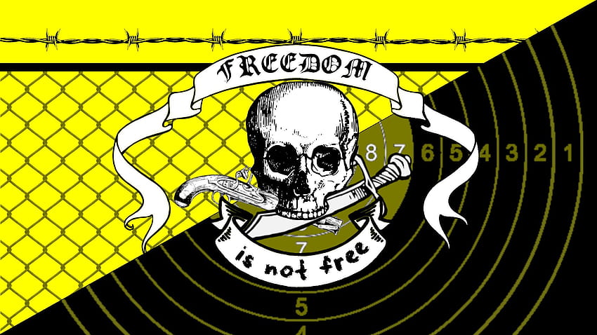 ANCAP dom Anarquía Capitalismo Libertarismo Armas y Hombres Negro Amarillo Cráneo Libertad Bandera Pirata fondo de pantalla