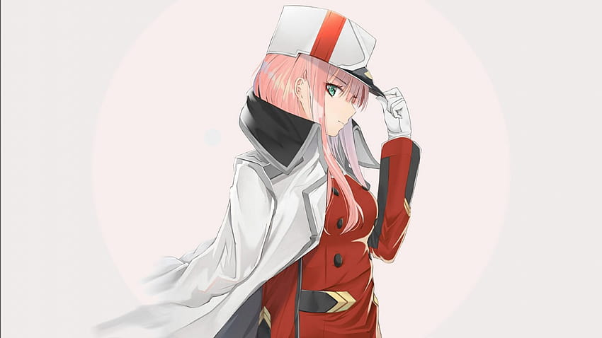 Darling In The FranXX Zero Two Hiro Zero Two w czerwonej sukience, płaszczu i kapeluszu z różowym tłem Anime, anime w czapkach Tapeta HD