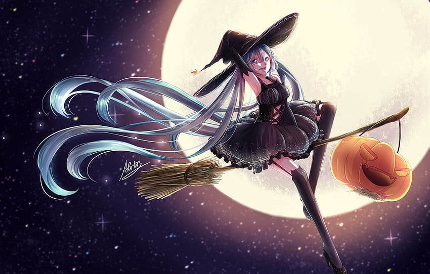 the sky, girl, stars, the moon, hat, anime, art, pumpkin, witch, broom, vocaloid, hatsune miku, halloween, atatos , section арт, anime moon witch HD wallpaper
